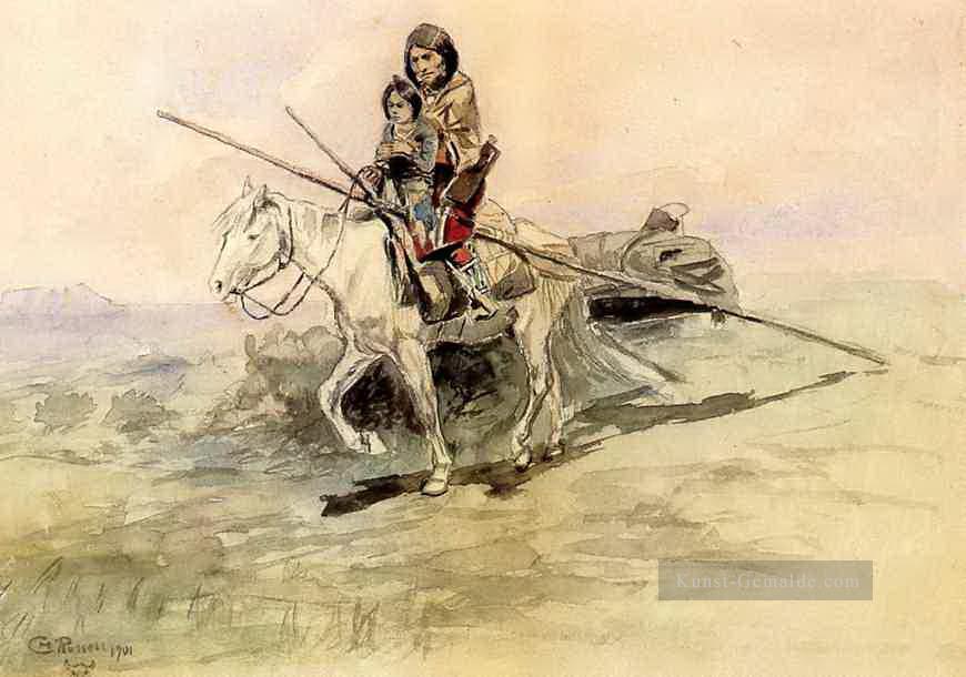 Indianer zu Pferd mit einem Kind 1901 Charles Marion Russell Ölgemälde